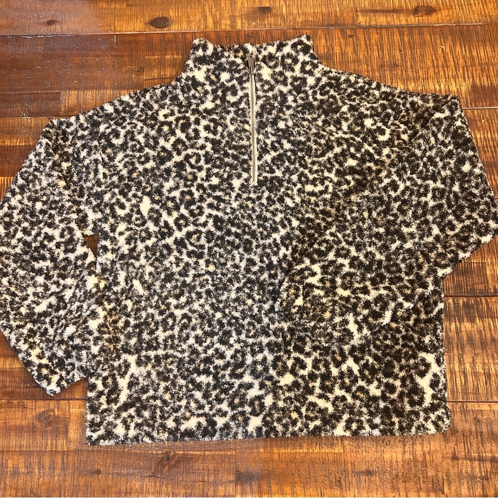 LOFT Black and Cream Leopard Print Sherpa Pullover